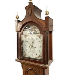 Grace Holborn of South Cave (Nr Hull Yorks.) -  Oak and mahogany 8-day longcase clock, c1820, with a pagoda topped pediment with inlay and three ball and spire finials, break arch painted dial flanked by two reeded pilasters with brass capitals, trunk with canted corners and a full length break arch door, square plinth on bracket feet, dial with upright Arabic numerals and geometric painted spandrels, depiction of an eagle and a snake to the arch,  with a seconds dial and calendar aperture, brass hands and seconds pointer, rack striking recoil anchor weight driven movement, striking the hours on a bell. With weights and pendulum.
Grace Holborn was most probably the widow of Charles William Holborn who was a clockmaker in South Cave 1759-1811.