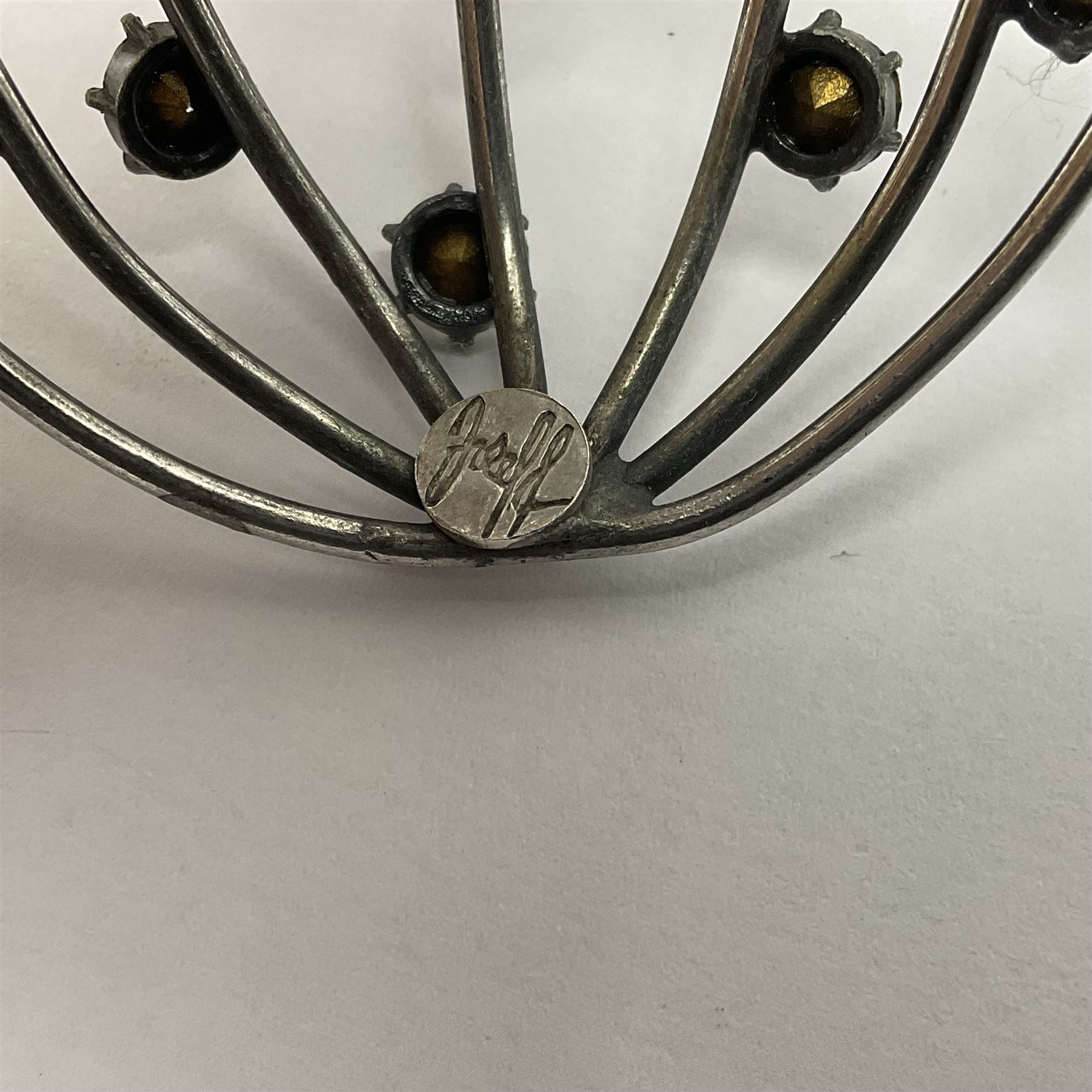 Joseff of Hollywood, circa 1950s metal and white paste necklace, with three graduated pendant drops set with white paste, to a Prince of Wales chain, signed with round script tag