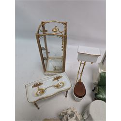 Dolls house bathroom and bedroom furniture, including bed, wardrobe, dresser filled with toiletries, shower, five figures, etc 