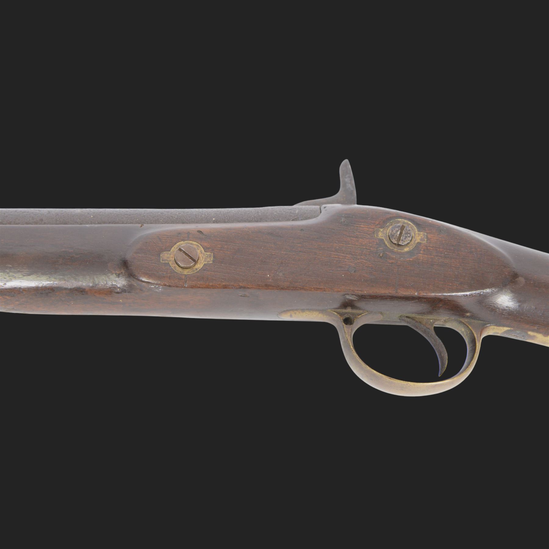 19th century muzzle loading British Naval percussion musket, the 39inch barrel with ramrod beneath, lock marked 1858, stock stamped with brass butt plate, overall L140cm  