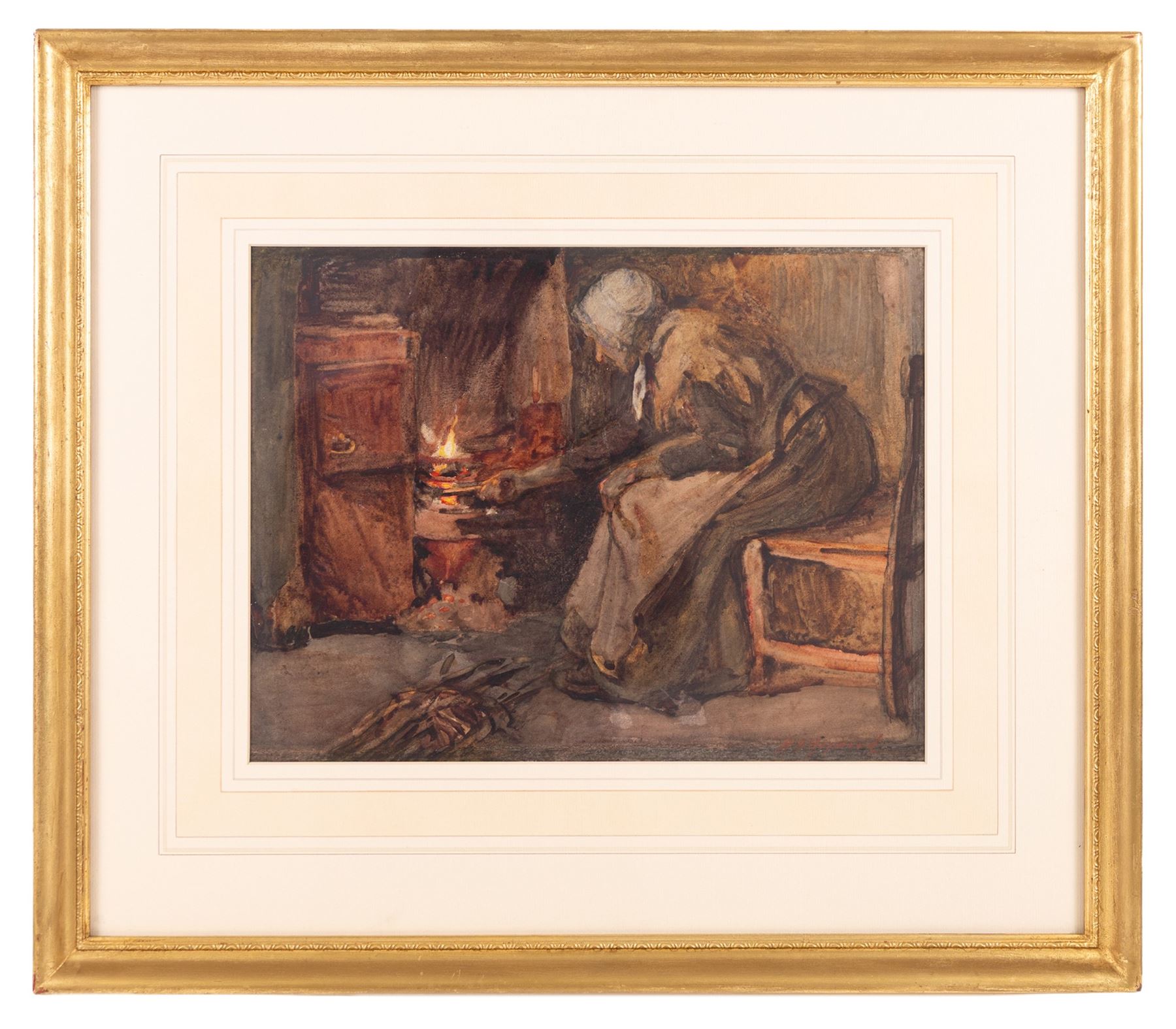 Henry Silkstone Hopwood (Staithes Group 1860-1914): Interior Scene with Old Woman Tending Fire, watercolour signed 26cm x 35cm