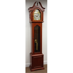  Westminster long case clock with brass Tempus Fugit arched dial, striking the half hours on rods, glazed door with three brass weights, H210cm   