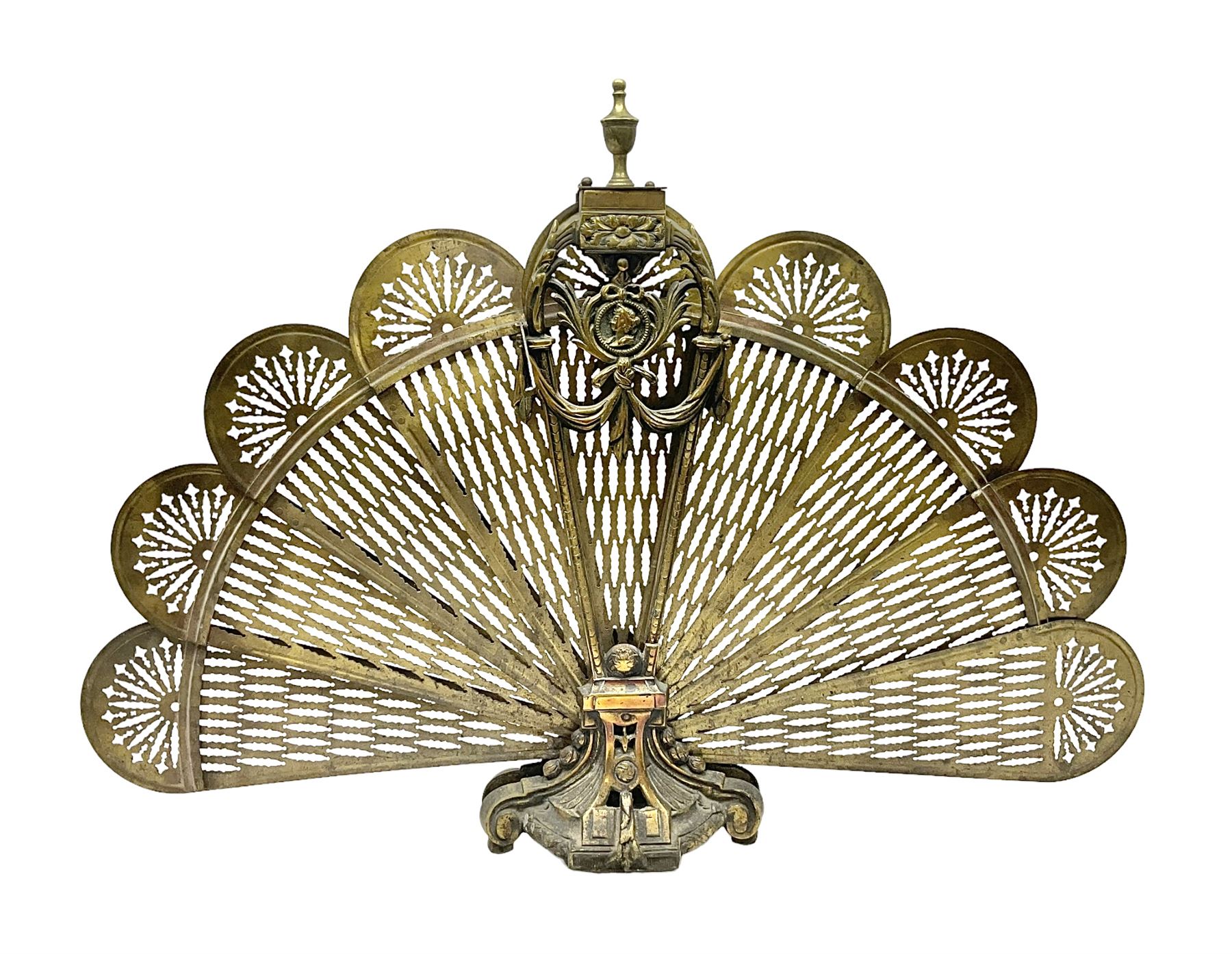 Pierced brass peacock style folding fire screen, with urn finial, H65.5cm