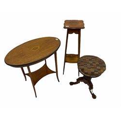 Victorian rosewood revolving piano stool, oak plant stand and an inlaid oval table (3)