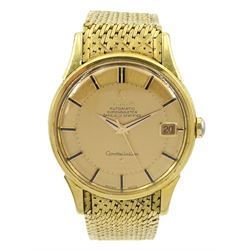  Omega Constellation gentleman's 18ct gold automatic wristwatch, 24 jewel movement, Ref. 1685415, Cal. 561, Serial No. 23053325, gilt pie pan dial with date aperture and baton hour markers, back case hallmarked Birmingham 1965, on original integral 18ct gold woven link bracelet, London 1966