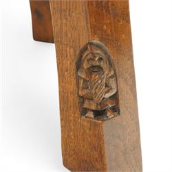 Gnomeman - circular adzed oak stool with carved Yorkshire Rose top, raised on three shaped supports carved with gnome signature, by Thomas Whittaker, Littlebeck, Whitby