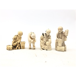  Group of four Japanese Meiji ivory Okimonos carved as crafts men, H6cm max (4)   