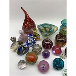Mdina glass comprising a sculptural glass paperweight, bottle and stopper, vase of teardrop form, two vases and a dish, together with various paperweights including Caithness, vases etc 