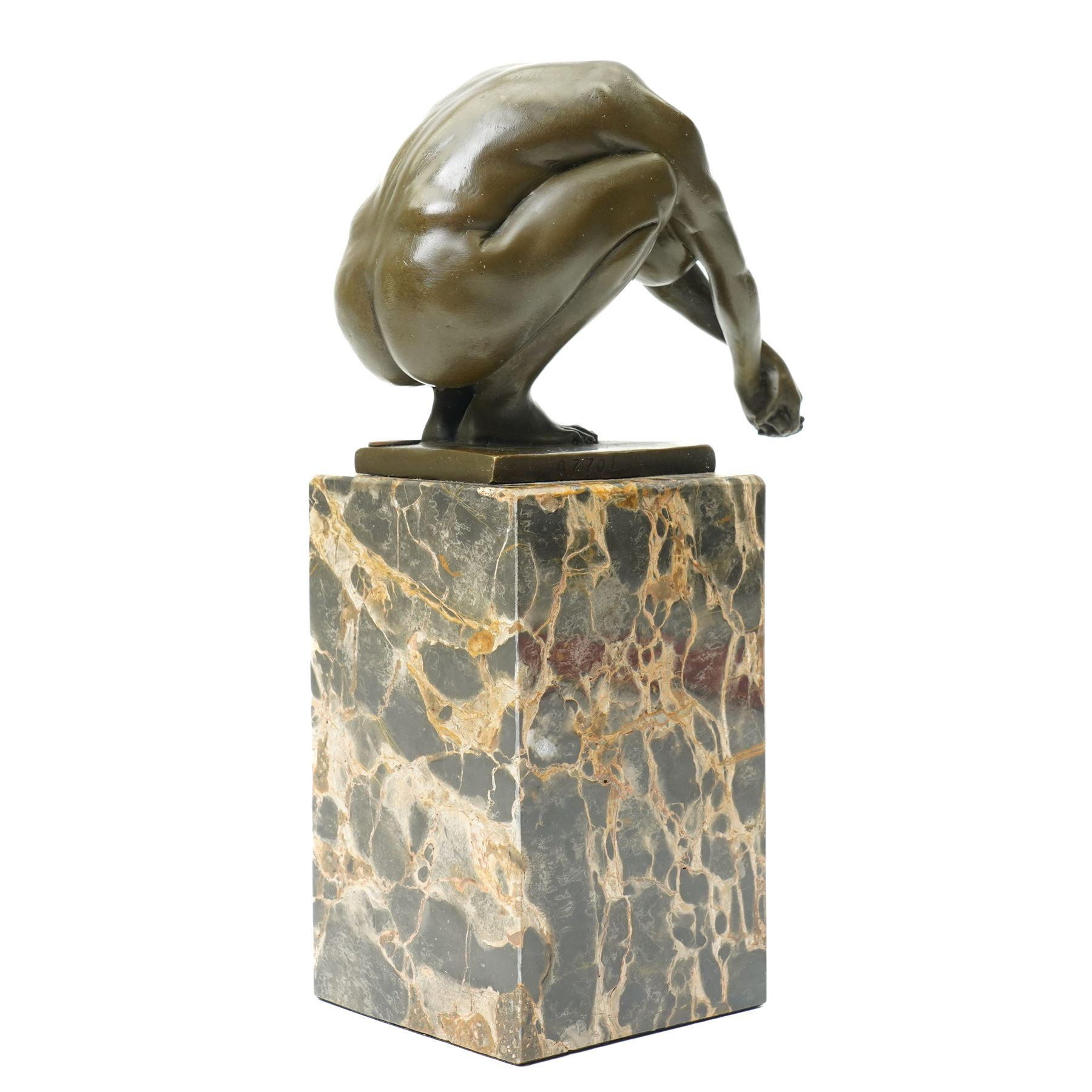 After Milo - bronze figure of a diver, upon a two tone marble base, bearing signature and foundry mark, overall H23cm
