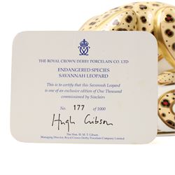 Royal Crown Derby paperweight, Savannah Leopard from the Endangered Species series, limited edition 177/1000 with certificate and gold stopper 