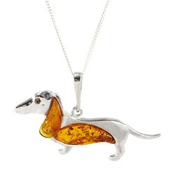 Silver Baltic amber Dachshund pendant necklace, stamped 925