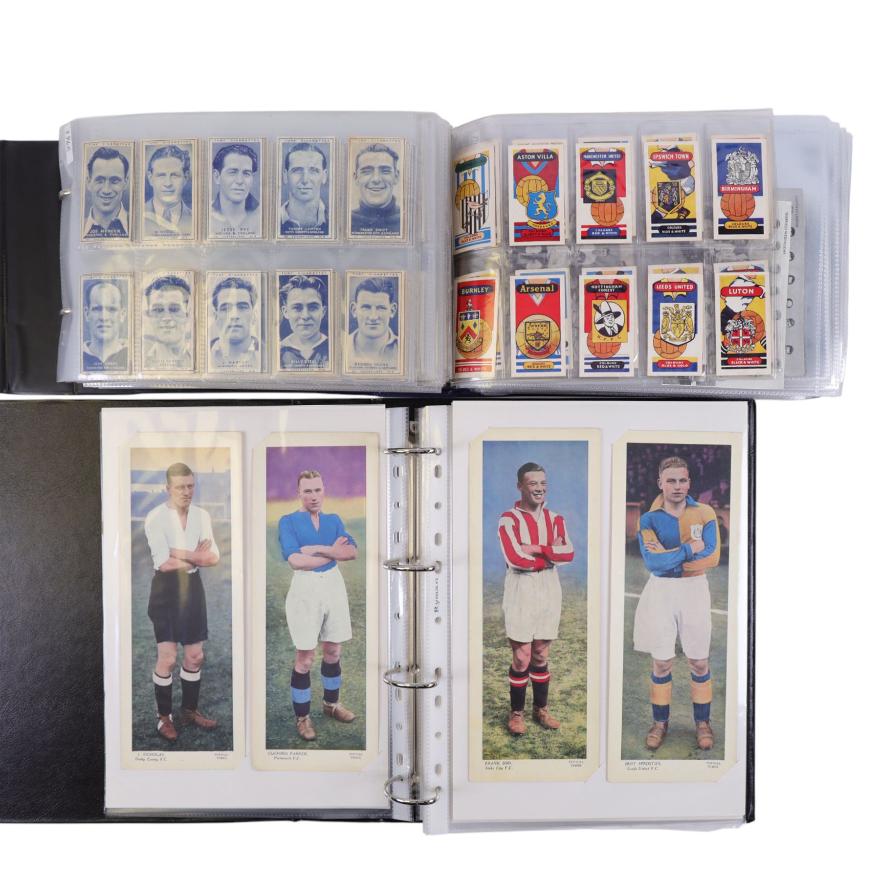 Collection of 1930s and later Football related trading and cigarette cards, including complete set of sixteen 1936 Topical Times Panel Portraits of Star Footballers, collection of further 1930s Footballer Panel Portraits, complete set of twenty-five 1955 The Wizard Famous Footballer cards, complete set of fifty Wills Association Footballers 1935, complete set of fifty Godfrey Phillips International Caps cards, etc, housed in three albums