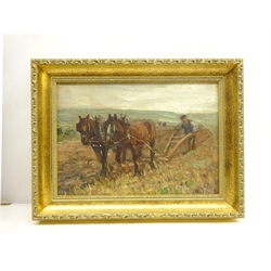  James William Booth (Staithes Group 1867-1953): 'Ploughing', oil on canvas laid on board signed, original title and address label verso 21cm x 31cm  DDS - Artist's resale rights may apply to this lot    