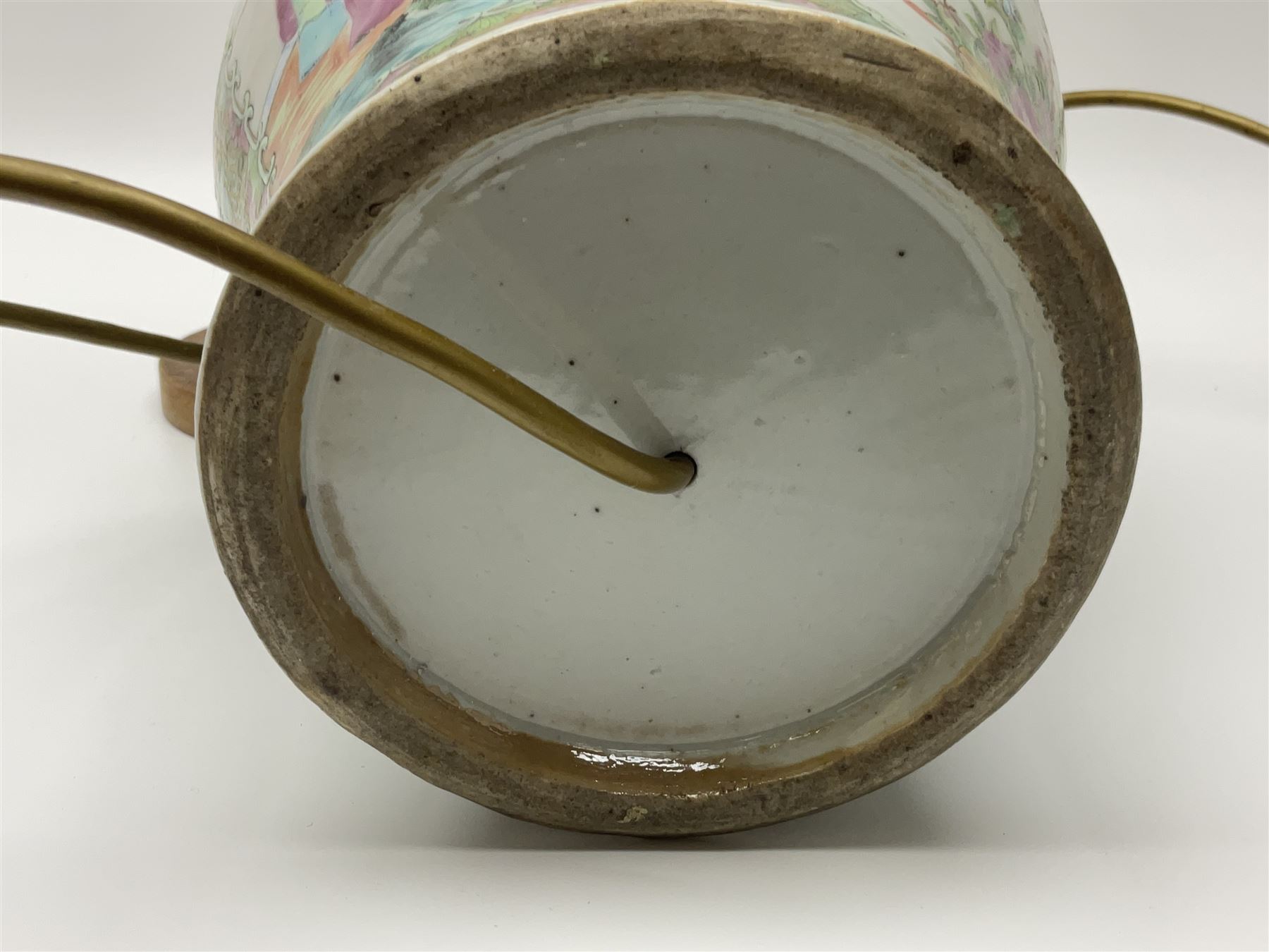 19th century Chinese Canton Famille Rose vase, decorated with figural panels against floral and foliate scroll ground, converted to a lamp, H46cm