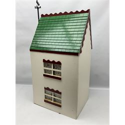 Scratch-built wooden doll's house as a white and green painted two-storey house with furniture H74cm, L40cm