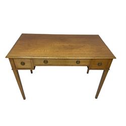 19th century inlaid mahogany writing side table, moulded rectangular top with satinwood band, fitted with three drawers, on square tapering supports