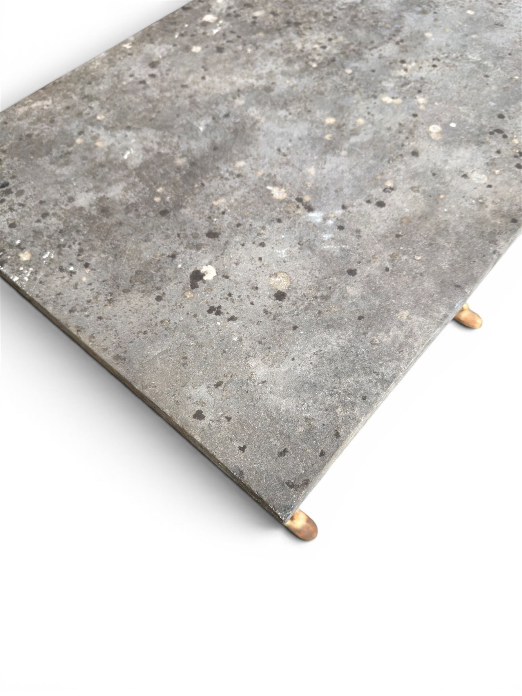 Victorian ornate cast iron garden table, trefoil base with central enclosed column, circular top with later marble, with registration mark