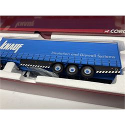 Corgi - three limited edition Hauliers of Renown lorries; CC13715 Scania R Series Topline Houghton Parkhouse 'The Professional' Livestock Transporter Chris Waite Transport; CC13812 Mercedes-Benz Actros Curtainside Eddie Stobart Ltd/Knauf; and CC13911 Foden Alpha Flatbed Trailer & Peat load R.J. & I. Monkhouse Ltd; all boxed with slipcases (3)