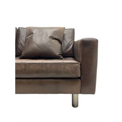 Ralph Lauren - three seat sofa, upholstered in buttoned brown leather with additional cushions, on turned brushed metal feet