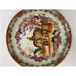 18th Century Chinese export tea bowl and saucer, decorated in the Famille Rose pallet with figures and elephants, tea bowl D8.5cm, saucer D13.5cm