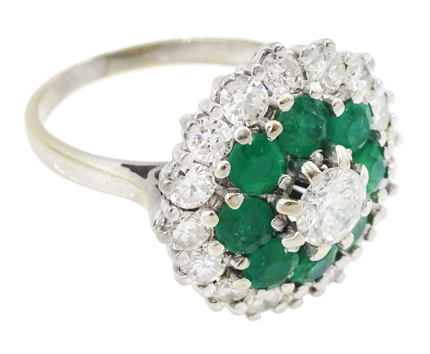 18ct white gold round brilliant cut diamond and round cut emerald cluster ring, principal diamond approx 0.45 carat, total diamond weight approx 1.55 carat