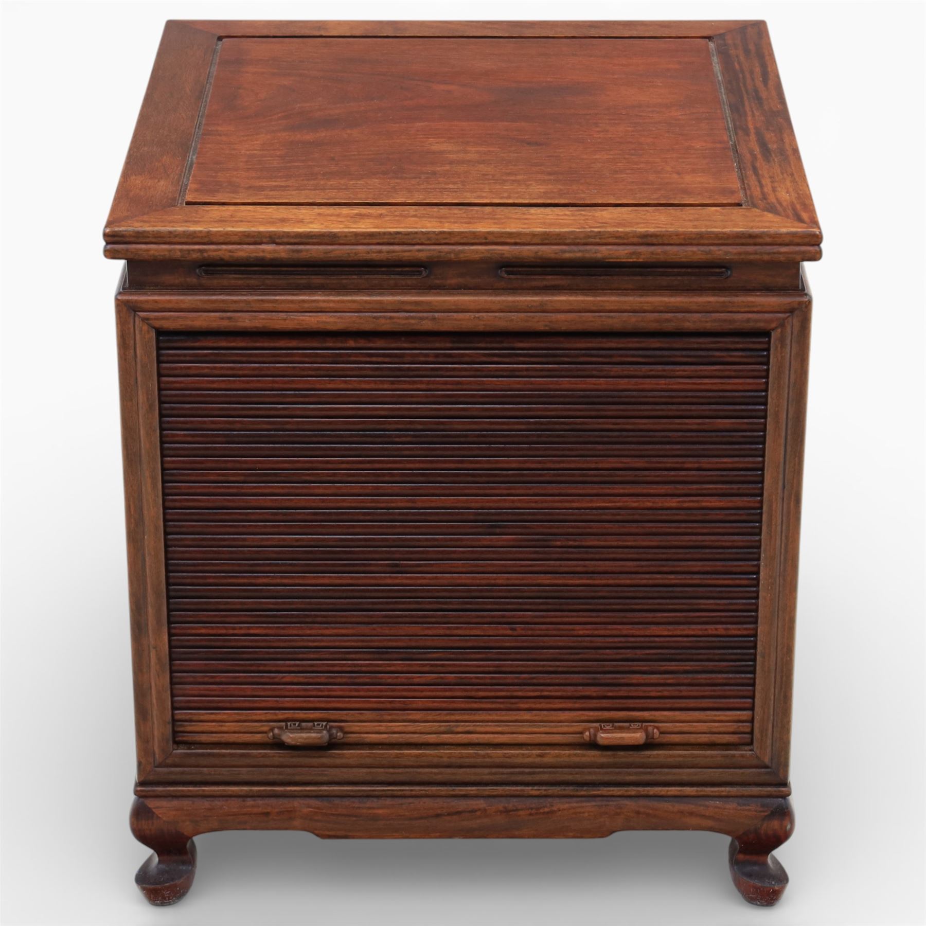 Early 20th century Chinese hardwood filing cabinet, moulded rectangular top over a tambour shutter front with twin recessed handles enclosing an arrangement of graduated drawers, raised on short cabriole legs with shaped apron
