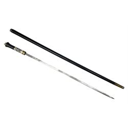 Late 19th/early 20th century Anglo Indian ebony and bone sword stick with 62cm steel blade, brass locking ferrule and lion mask pommel L92 cm.