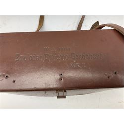 Post-WW2 stitched leather carrying case for an Exploder Dynamo-Condenser Mk.1 with baize lined fitted interior and carrying strap dated 1956 L28cm