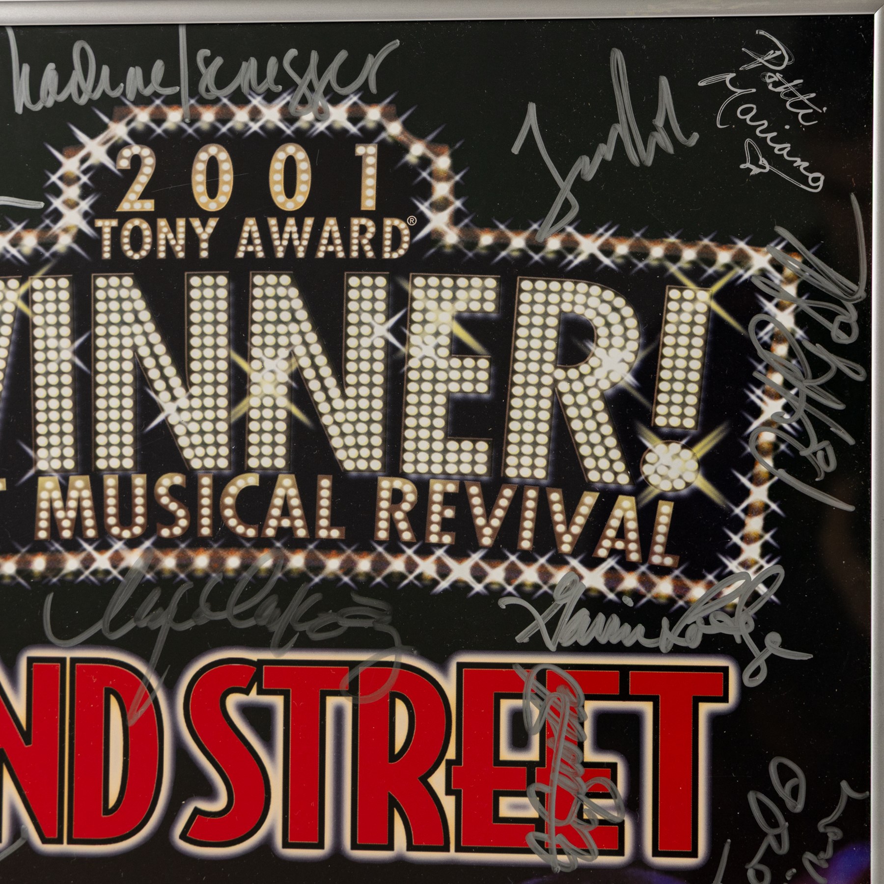 42nd Street Broadway theatre poster, circa 2001-2005, advertising the Tony Award Winning Broadway revival at the Ford Centre, New York, bearing multiple cast signatures in silver marker, framed, H55cm