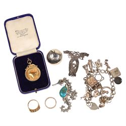 9ct gold stone set ring, hallmarked, 9ct and silver ring, silver charm bracelet, silver br...