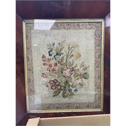 Floral tapestry in a mahogany frame, large collection of cigarette cards, framed tapestry, small microscope and a wooden correspondence box, frame H66cm