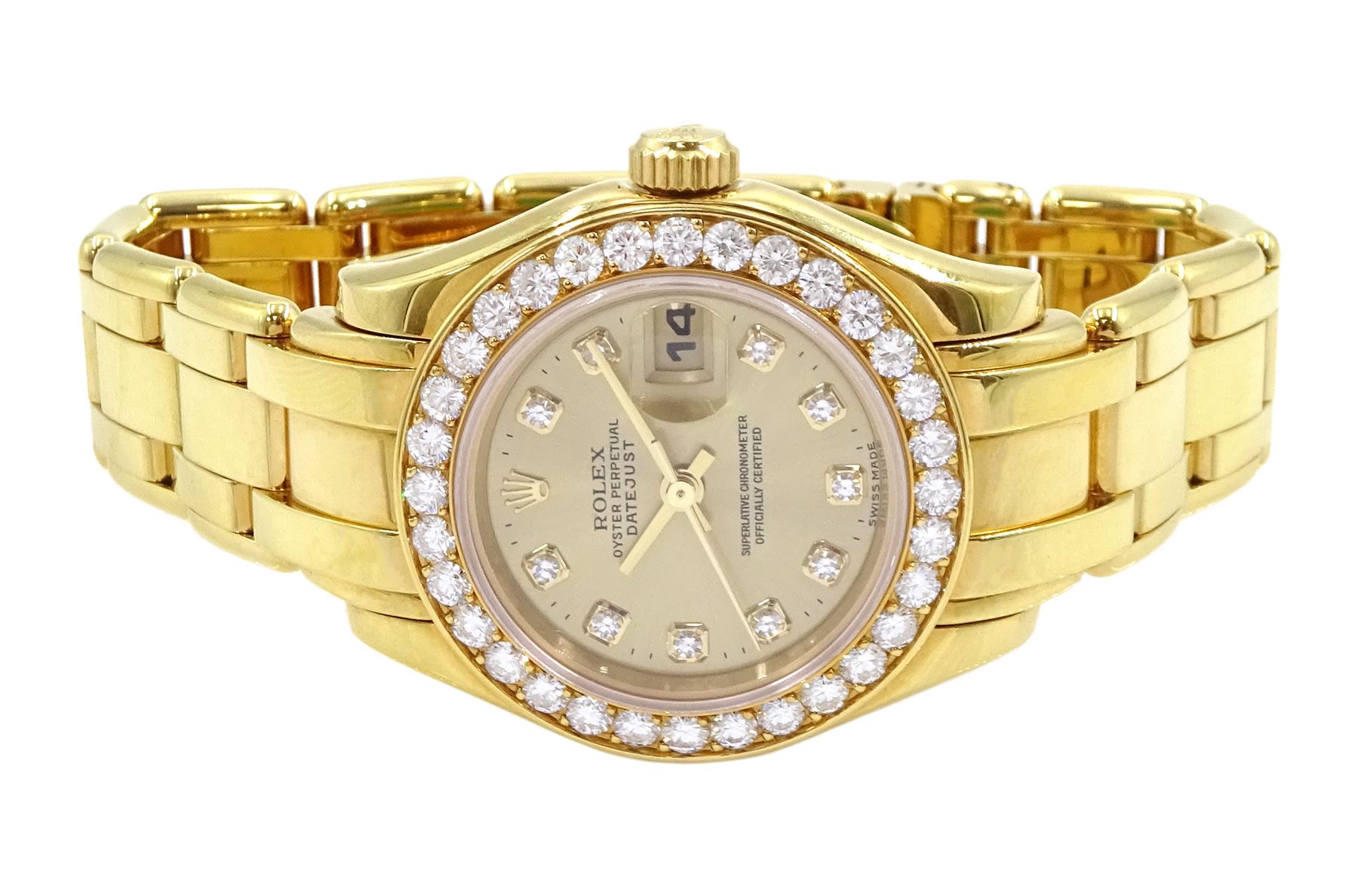 Rolex Oyster Perpetual Datejust Pearlmaster ladies 18ct gold automatic wristwatch, Ref. 69298, Serial No. T293223, champagne dial with diamond hour markers and diamond set bezel, on original 18ct Pearlmaster bracelet with fold-over clasp, with papers