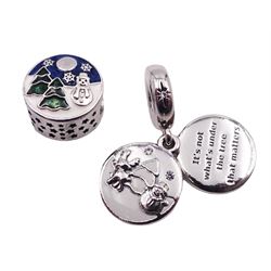 Five silver Pandora charms including Pandora shopping bag, Christmas tree, wrapped present, Winter scene, and snowman with reindeer droplet charm, all stamped S925 ALE, with one Pandora box 