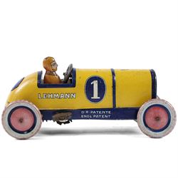 Early 20th century Lehmann tinplate clockwork 'Galop' no.760 racing car, yellow with blue stripes, driver and lithographed details, H6cm, L14cm