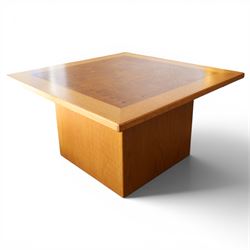 Light oak square coffee table, burr and figured top