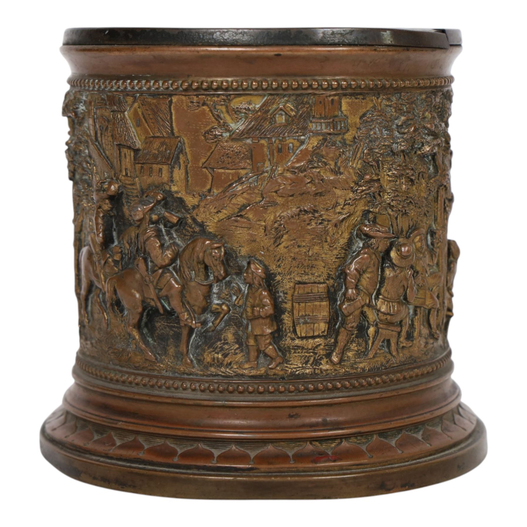 T & E of Paris, gilt bronzed white metal circular jar, decorated with high relief scenes after Tenniers, impressed mark beneath, H11cm