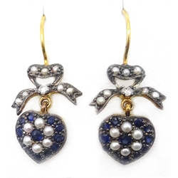  Pair of sapphire, pearl and diamond heart shaped ear-rings  
