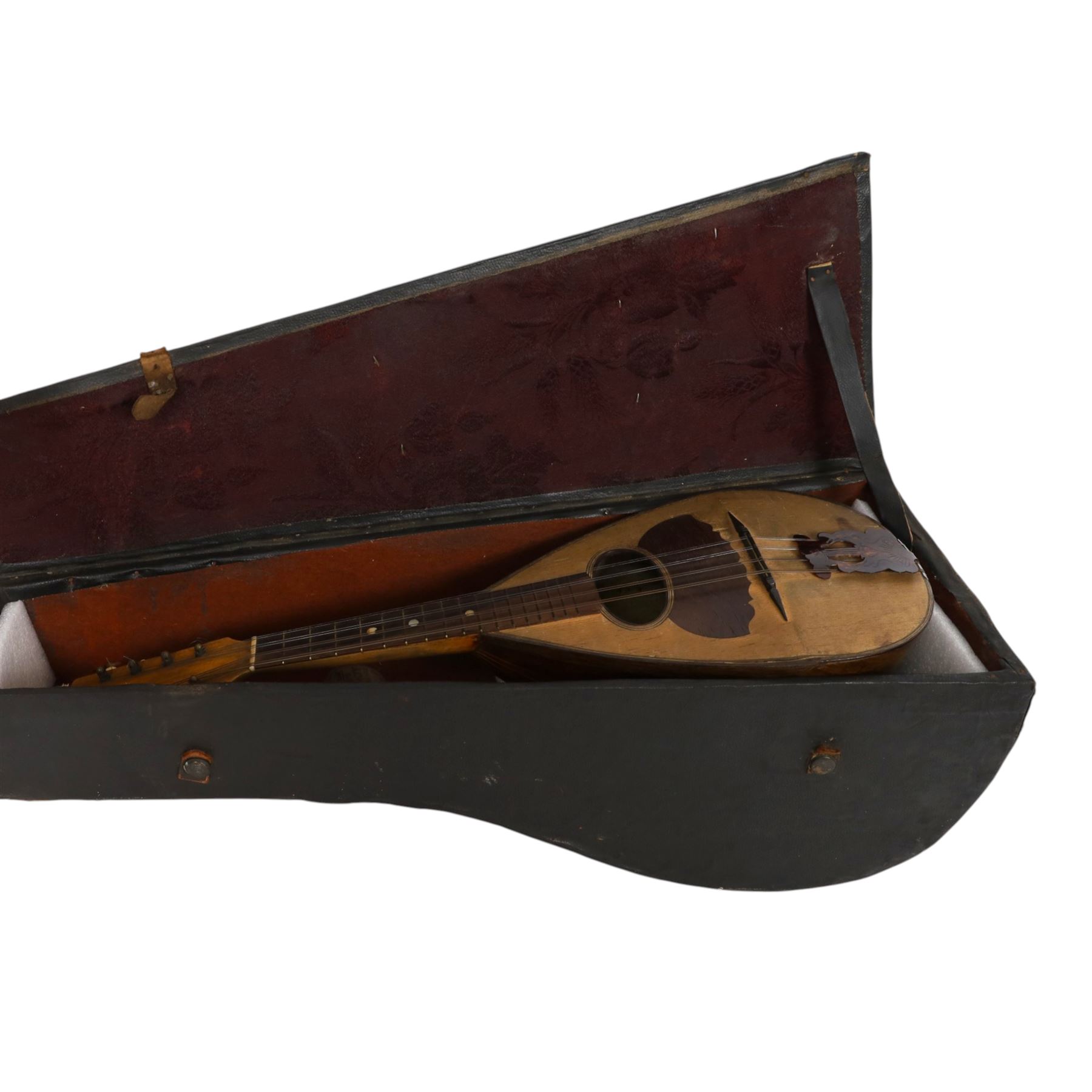 Early 20th century Italian bowl back mandolin, with bone tuners and faux tortoiseshell tailpiece, in hard carry case