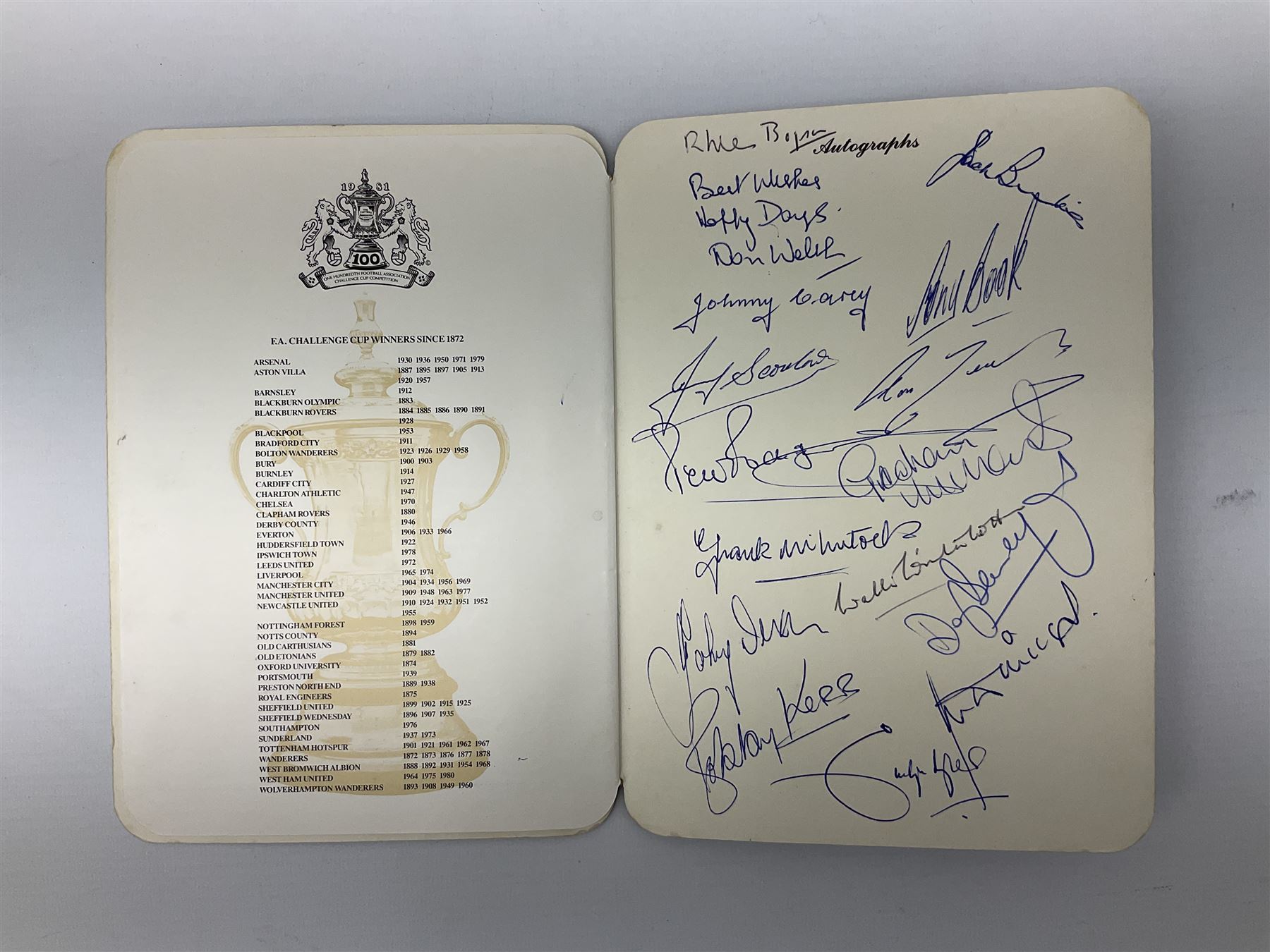 Hull City AFC 1947 presentation dinner menu/programme bearing twenty-four signatures including Bill Bly, David Davidson, Wilf Hassall, Harry Brown, Frank Buckley (Manager), Alderman Robinson Lord Major of Hull etc; and FA Cup 1981 Centenary Banquet menu/programme bearing multiple signatures including Bobby Robson, Ron Greenwood, Tom Finney, Tony Book, Frank McLintock, Bobby Kerr, Emlyn Hughes, Don Welsh, Johnny Carey etc; Provenance: By direct descent from the family of Raich Carter having been consigned by his daughter Jane Carter (2)