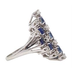 White gold diamond and sapphire ring, five graduating rows of round brilliant cut diamonds and oval sapphires in a stepped design setting, stamped 14K