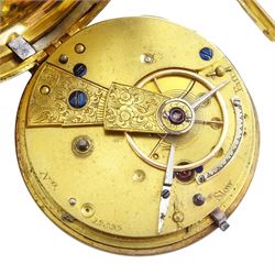 Victorian 18ct gold open face, fusee lever pocket watch, No. 12899, gilt dial with Roman numeral hour markers, engraved balance cock with diamond endstone, case with engraved foliate decoration, makers mark HS (probably Henry Stuart), Chester 1854
