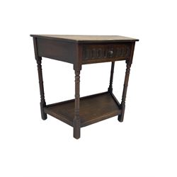 Oak side table, canted rectangular form fitted with single drawer with arcade front, on turned supports joined by undertier 