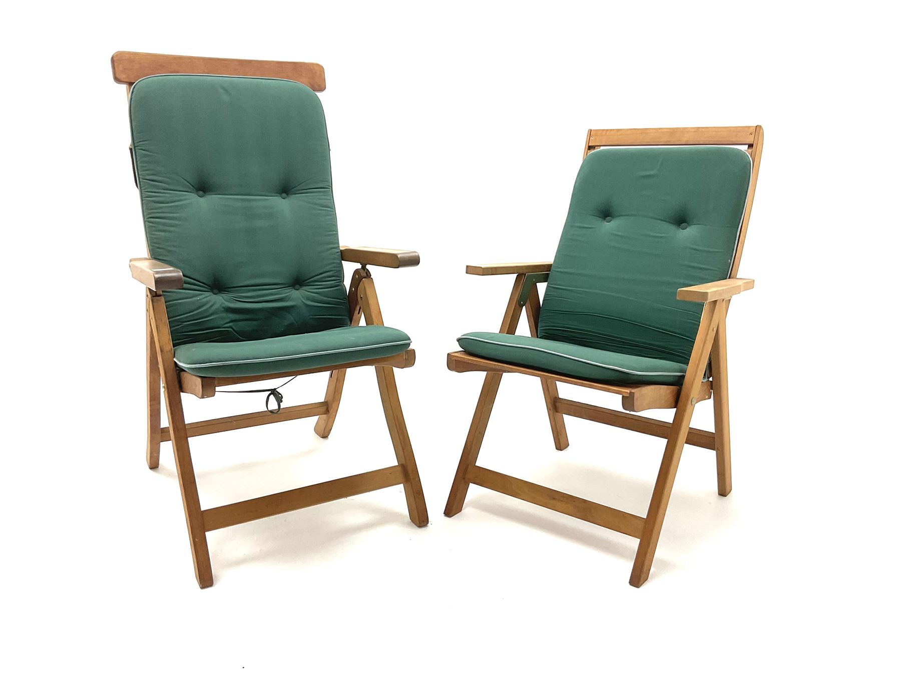 A pair of hardwood folding garden chairs, together with removable