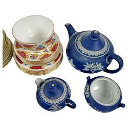 Collection of tea service ceramics, to include Wedgewood Jasperware teapot, milk jug and sugar bowl, together with Royal Albert Lady Carlyle teapot and a large collection of Royal Sutherland and Adderley's teacups and saucers