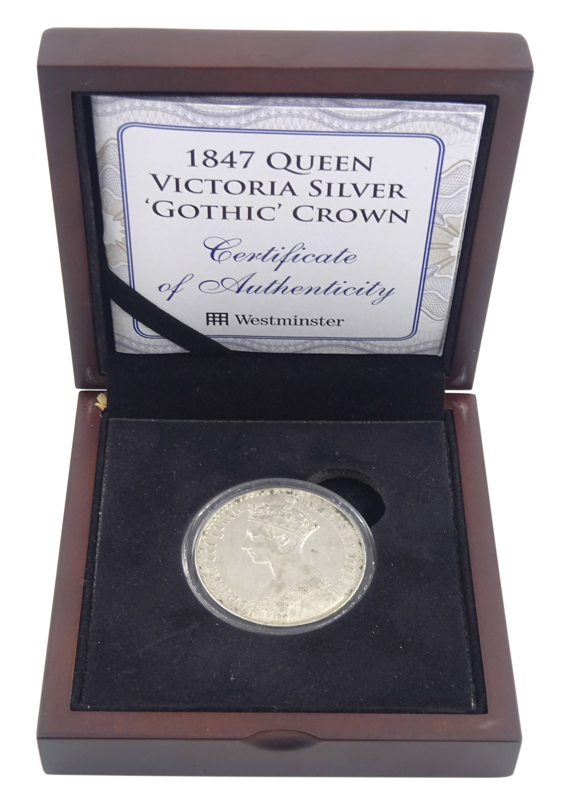 Queen Victoria 1847 Gothic crown coin, 'Undecimo' edge, cased with Westminster certificate