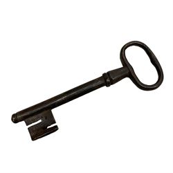 19th century painted oak sea chest, hinged dome top enclosing small compartment, bound by shaped and pressed metal strapwork, scumbled finish to resemble oak and painted with small vignettes depicting portraits and landscapes within panels, fitted with large wrought metal carrying handles, the front inscribed 'H.J.S. 1870' 