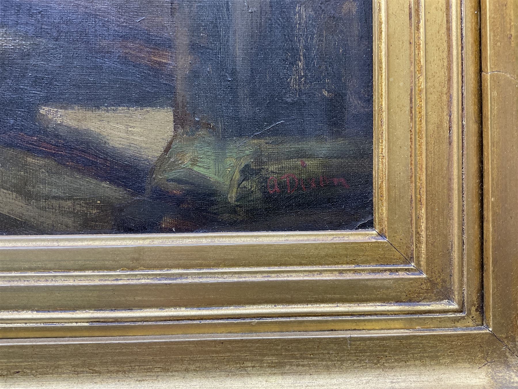 Alfred Dixon (British 1842-1919): 'Lady Jane' - Lady with Fan at the Foot of a Staircase, oil on canvas signed, titled on label verso 42cm x 30cm