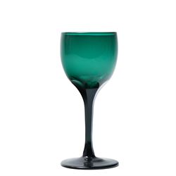 Five green wine glasses of early 19th century design with conical bowls and double knop stems on a circular foot, with pontil marks, pair of green wine glasses with chamfered stems together with an Asprey catalogue of green glass 1740-1840 and two pieces of glass fruit and leaves