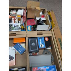 Large collection of photography equipment, including two video cameras JVC and a Panasonic 3CCD, tripods, filters, photograph paper, developing equipment, Dalite projector screen, etc, some boxed some empty boxes, and a Midgard Pocket Microscope