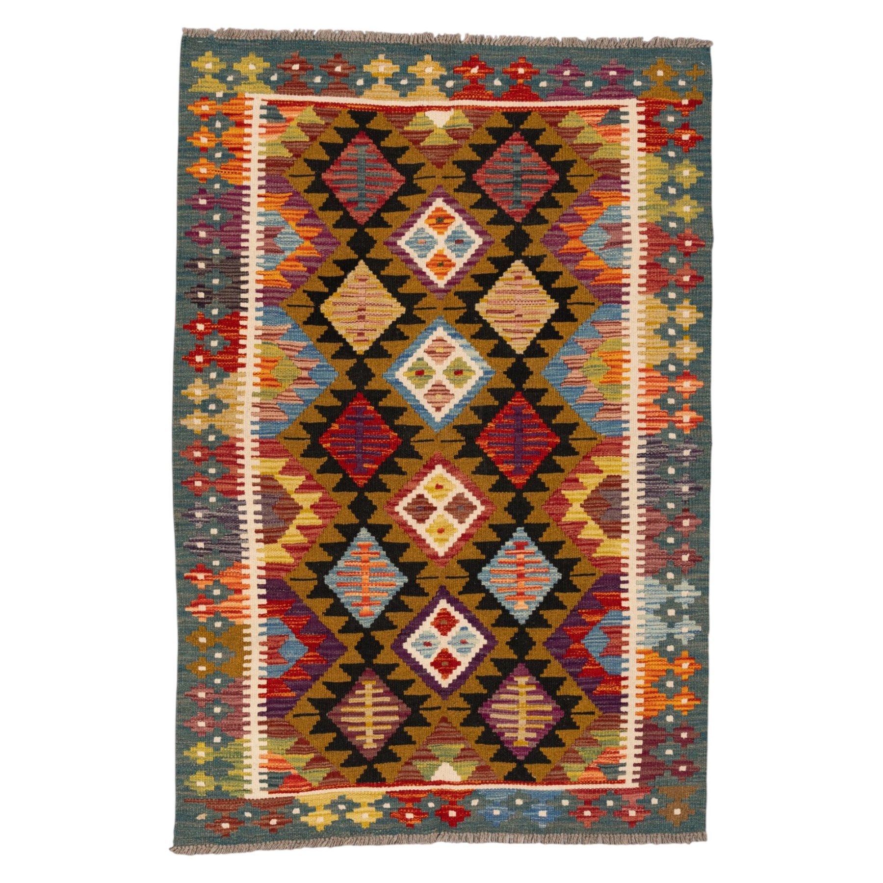 Afghan kilim rug, the field in earthy tones decorated with columns of repeating lozenges with further geometric motifs, the teal guard band with repeating stepped lozenges heightened with ivory
